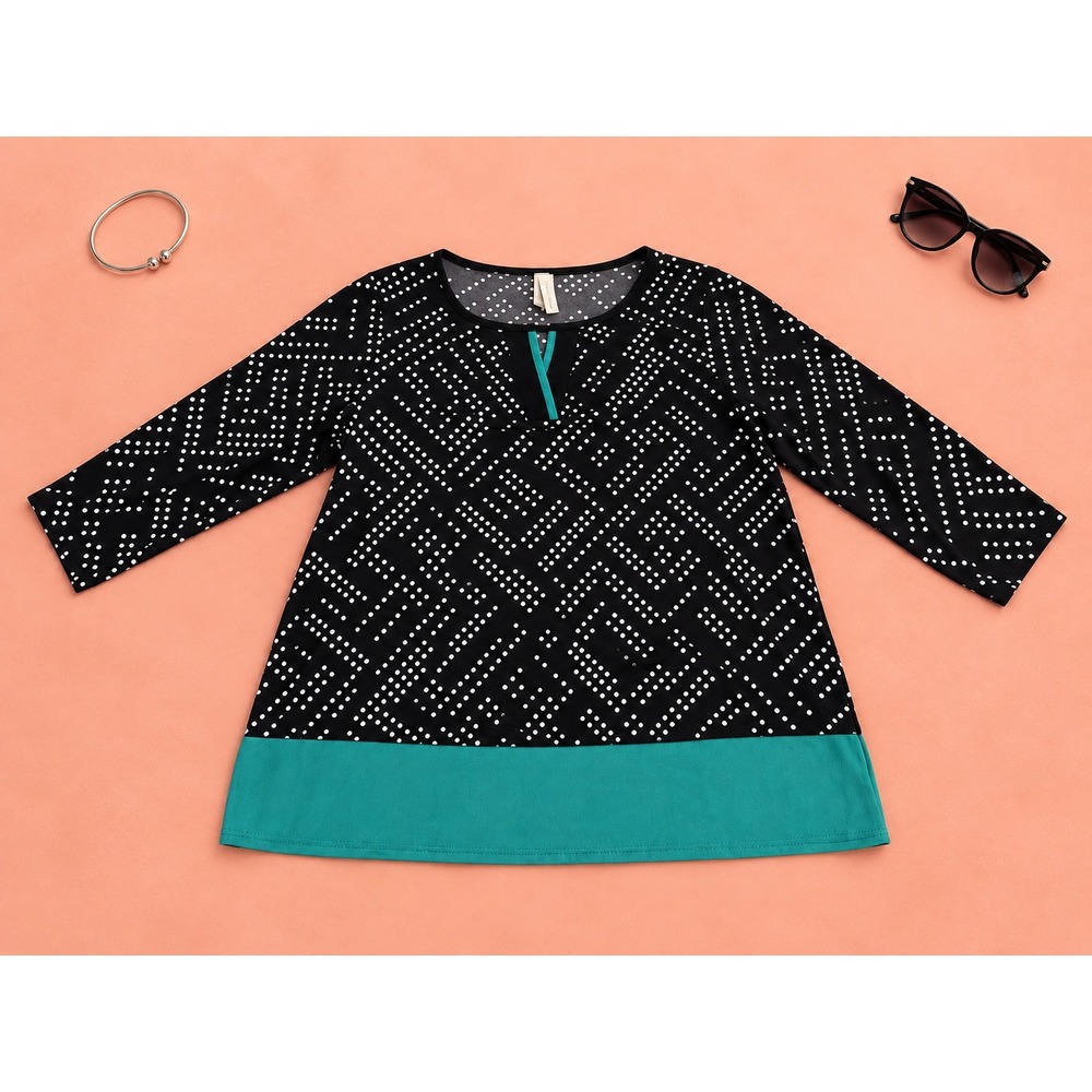 PerSeption Woman 1X Geometric Tunic Top Teal Black White Artsy Boho Plus Size
